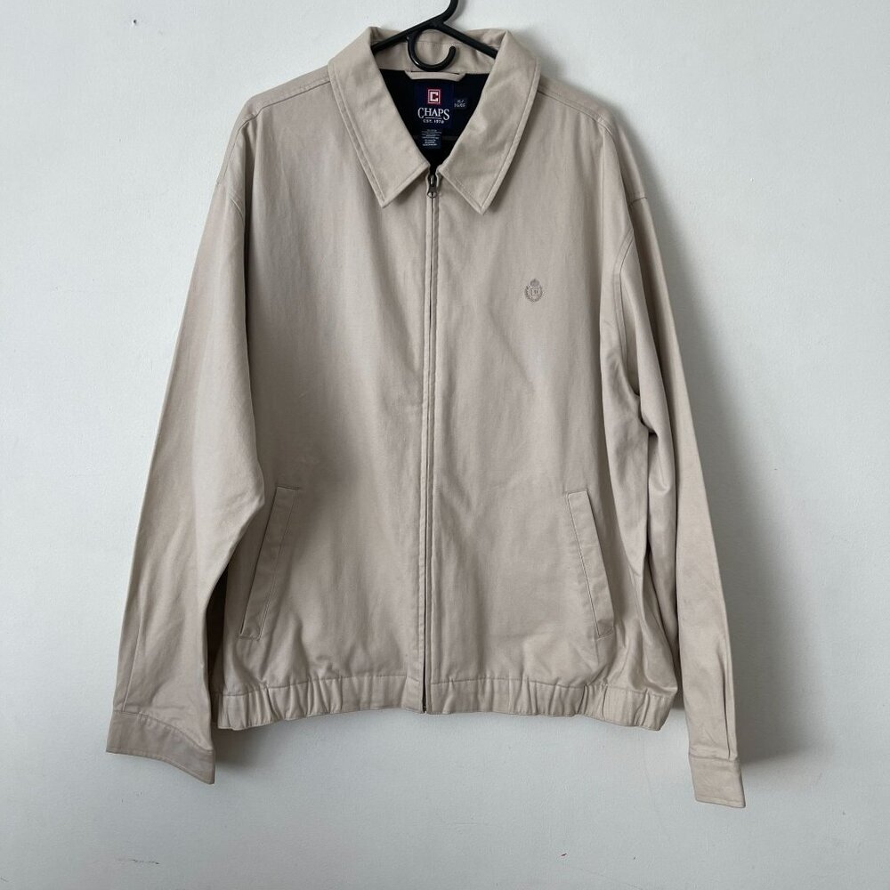 Chaps XL Beige Zip Up Bomber Field Utility Jacket Collar Embroidered Crest Logo